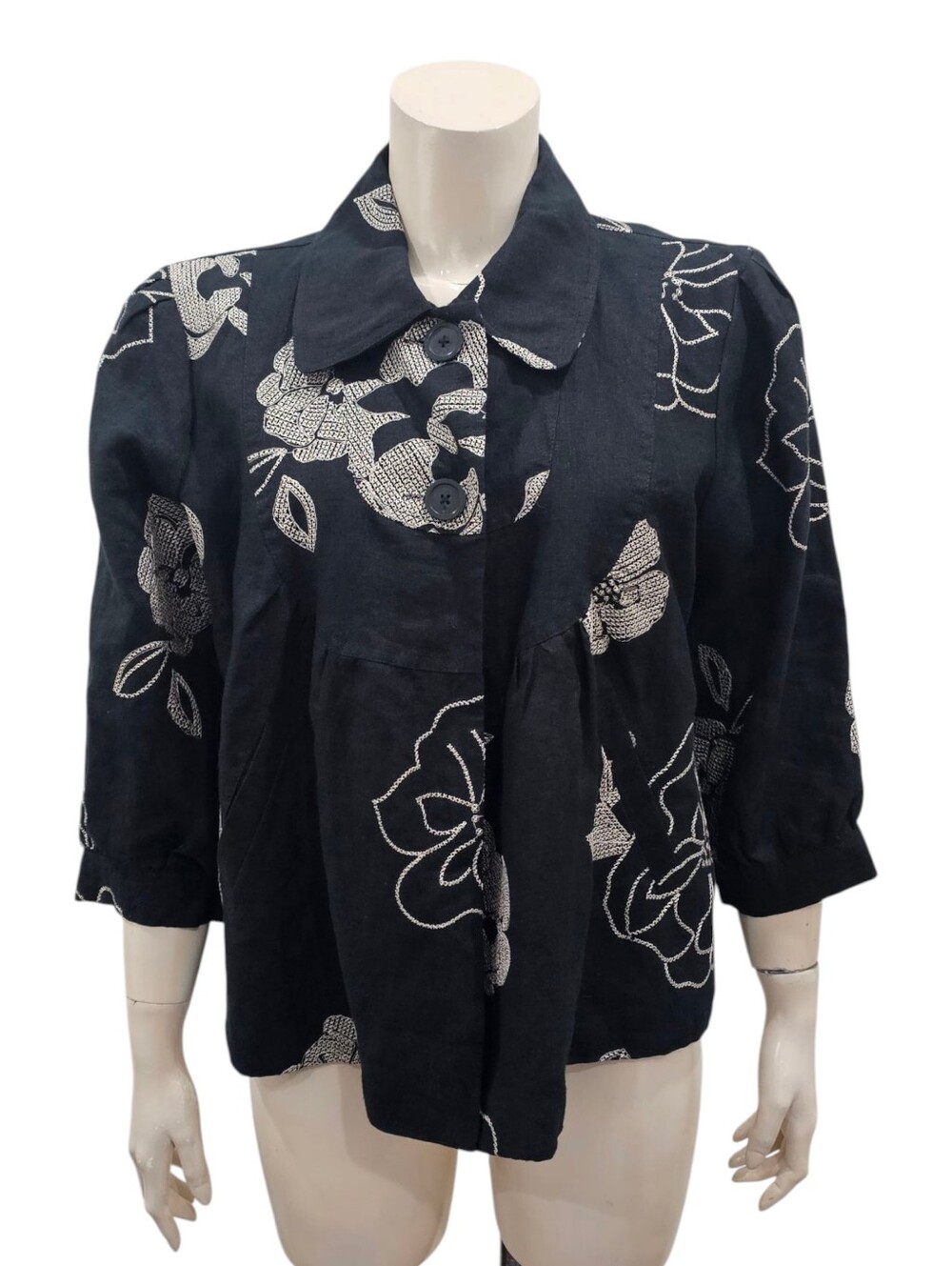CAROLE LITTLE Linen Black Ivory Floral Embroidered Babydoll Jacket L